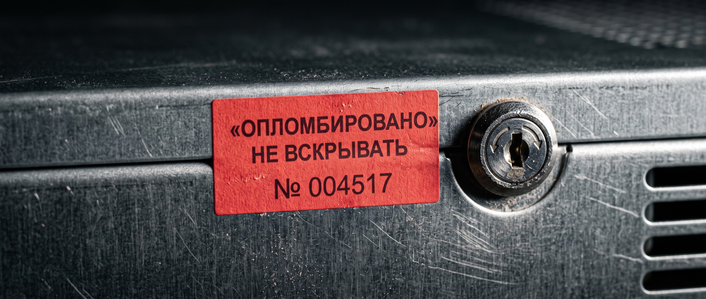Красная пломба «Опломбировано, не вскрывать» с номером на корпусе серверного шкафа рядом с замком
